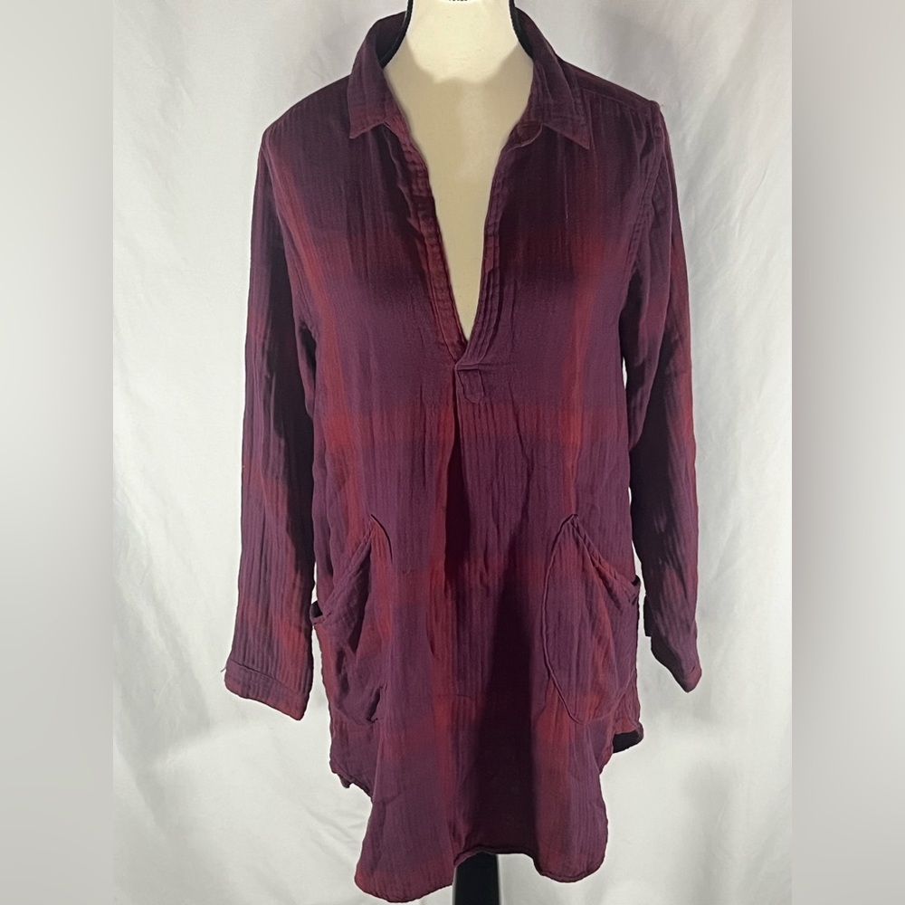 Free People  x CP Shades  Plaid Pattern Tunic Top w/Front Patch Pockets
